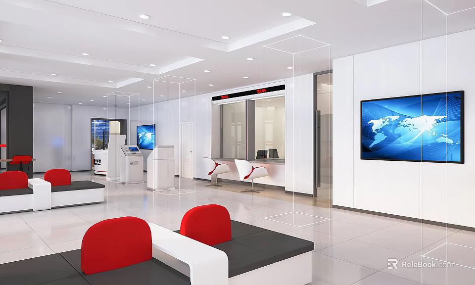 Bright Spacious Modern Bank Service Hall With Transaction Windows Self Service Machines And Comfortable Seats 3d model 