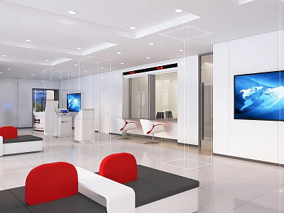 Bright Spacious Modern Bank Service Hall With Transaction Windows Self Service Machines And Comfortable Seats 3d model