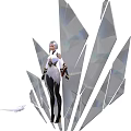 Elegant Game Character With Silver Hair White Black Outfit And Crystal Geometric Background