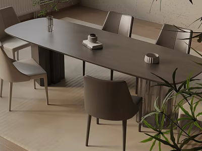 Modern Rectangular Dining Table Set With Minimalist Chairs And Indoor Green Plant 3d model