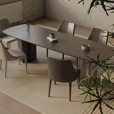 Modern Rectangular Dining Table Set With Minimalist Chairs And Indoor Green Plant 3d model