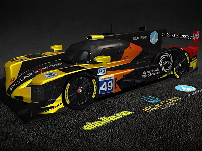 Racing Car With Black Yellow Orange Livery Number 49 And Sponsor Logos 3d model