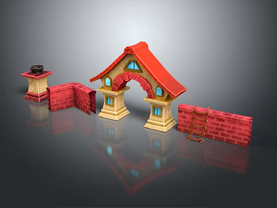 Cartoon Scene With Red Roof Archway Yellow Structure Red Brick Walls Tower Windows And Ladder 3d model
