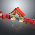 Cartoon Scene With Red Roof Archway Yellow Structure Red Brick Walls Tower Windows And Ladder