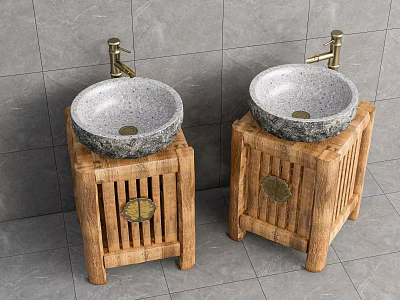 Double Stone Washbasins With Slatted Wooden Bases And Golden Faucets In Bathroom 3d model