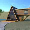 Triangular Wooden House With Modern Design Wooden Exterior Balcony Swimming Pool And Lawn Trees