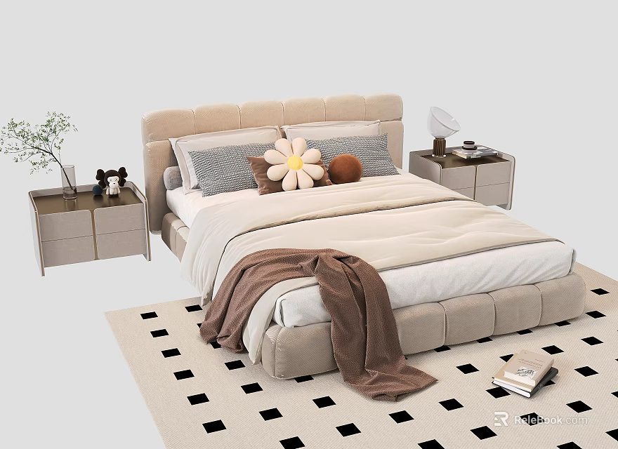 Double Bed With Beige Headboard Flower Shaped Pillows Brown Blanket Nightstands And Checkered Rug 3d model 
