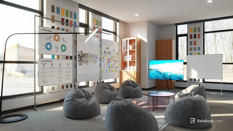 Contemporary Public Office Space With Bean Bags Whiteboards Color Charts And Natural Light 3d model 
