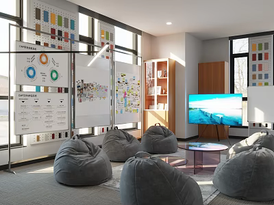 Contemporary Public Office Space With Bean Bags Whiteboards Color Charts And Natural Light 3d model