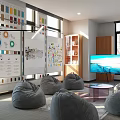 Contemporary Public Office Space With Bean Bags Whiteboards Color Charts And Natural Light