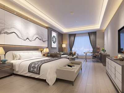 Modern Hotel Guest Room With Large Bed Decorative Painting Nightstand Lamp Sofa And TV 3d model
