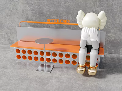 Stylish Public Bench with Orange Round Holes Silver Table and White Doll with Gold Shoes 3d model