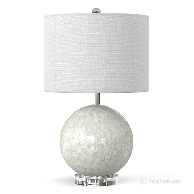Modern White Table Lamp With Linen Shade Silver Metal Stem And Spherical Shell Texture Base 3d model
