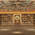 Sacred Worship Hall With Colorful Mural Ceiling Buddha Statues And Religious Items On Shelves