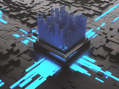 Futuristic City Model With Blue Illuminated Lights On Geometric Grid Base 3d model