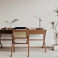 Middle-style solid wood desk and chair 3d model