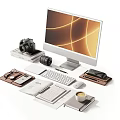 Modern Workspace Desk Setup With Computer Camera Notebook And Office Supplies 3d model