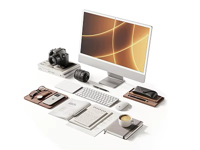 Modern Workspace Desk Setup With Computer Camera Notebook And Office Supplies 3d model