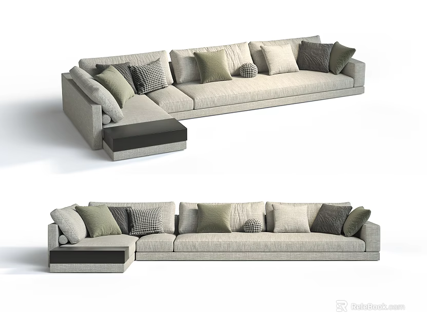 Modern Light Gray Multi Seater Sofa With Multiple Colored Cushions And Ottoman 3d model