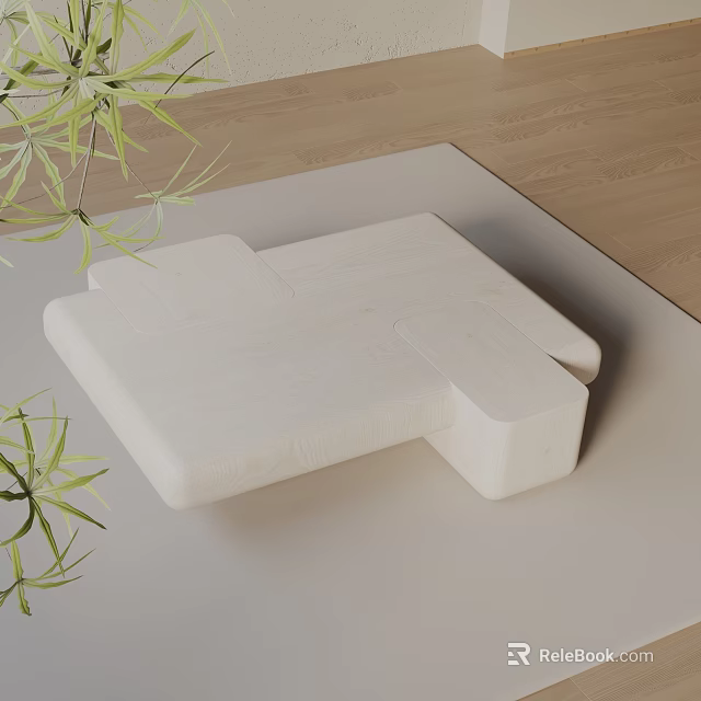 White Sofa and Coffee Table Set on Light Rug with Wooden Floor and Green Plants 3d model 