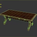 Elegant Wooden Table With Slatted Top Carved Legs And Metal Trim Design