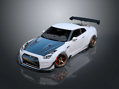 Modified White Nissan GT-R Sports Car With Blue Hood Rear Spoiler Gold Wheels And Body Kit 3d model