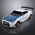 Modified White Nissan GT-R Sports Car With Blue Hood Rear Spoiler Gold Wheels And Body Kit
