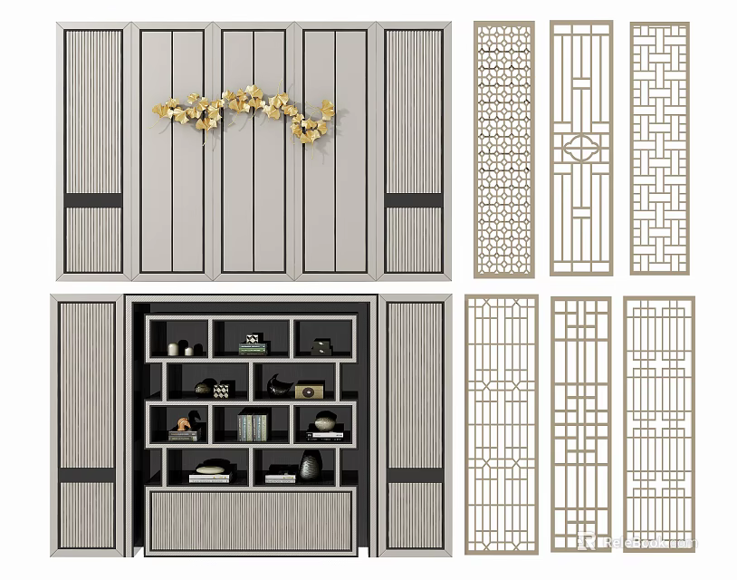 Modern Background Wall Design With Decorative Golden Flower Vertical Stripe Panel And Grille Patterns 3d model