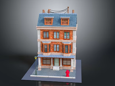 Three Story Brick Building Model With Blue Roof Windows Street Lamp And Fire Hydrant 3d model