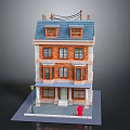 Three Story Brick Building Model With Blue Roof Windows Street Lamp And Fire Hydrant