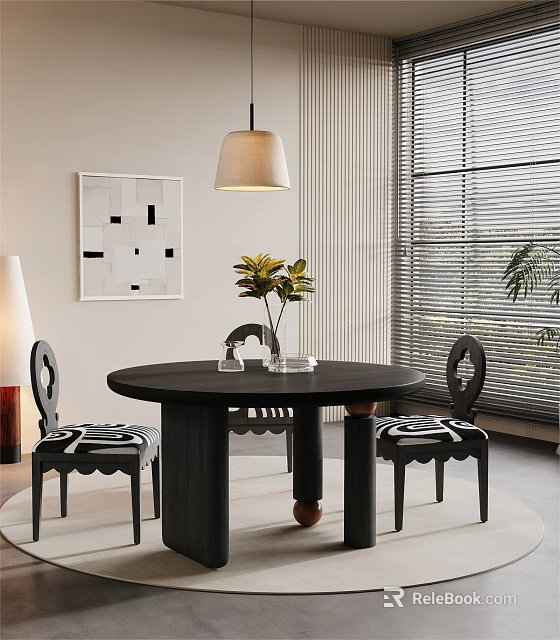 Round Black Dining Table Set With Patterned Chairs Vase Plant Lamp Artwork And Blinds 3d model 