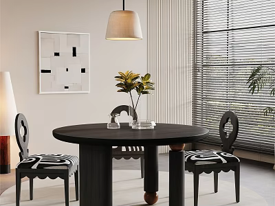 Round Black Dining Table Set With Patterned Chairs Vase Plant Lamp Artwork And Blinds 3d model