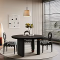 Round Black Dining Table Set With Patterned Chairs Vase Plant Lamp Artwork And Blinds 3d model