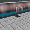 Modern Water Feature Wall With Water Golden Light Spots And Copper Columns On Gray Tiles