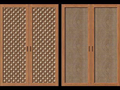 Wooden Wardrobe Doors With Patterned And Grid Panels And Metal Handles 3d model