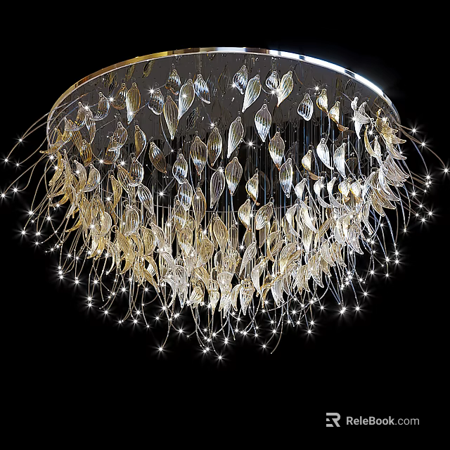 Sparkling Crystal Chandelier With Leaf Shaped Crystals And Hanging String Lights 3d model