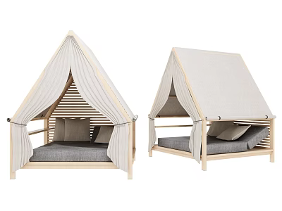 Stylish Wooden Frame Tent Bed with Canvas Curtains and Gray Mattress 3d model