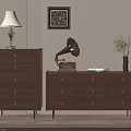 Wooden Entryway Cabinet And Side Cabinet With Table Lamp Gramophone Vase And Books