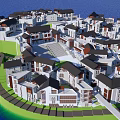 Island Shaped Commercial Street Surrounded by Water With Circular Plazas And Green Edges
