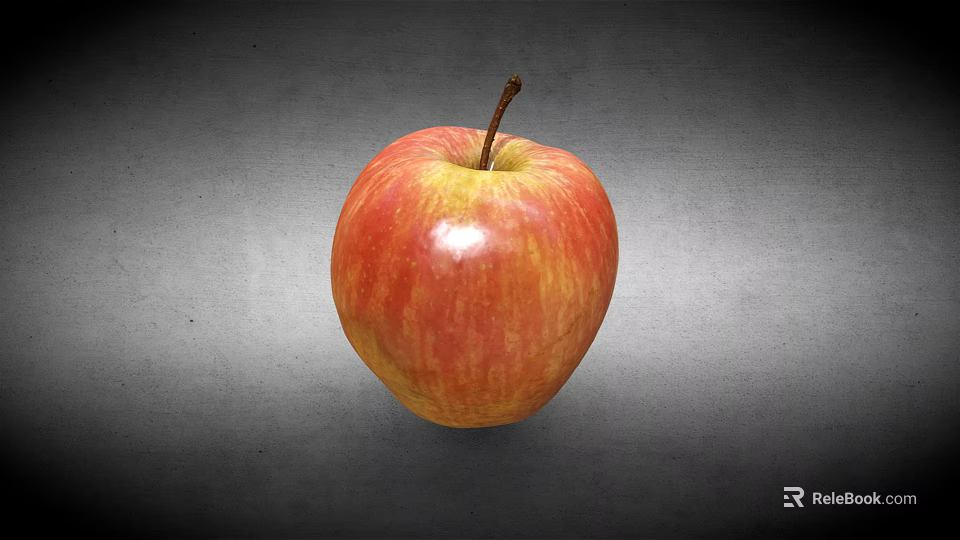Fresh Red and Yellow Shiny Apple with Brown Stem on Gray Background 3d model 