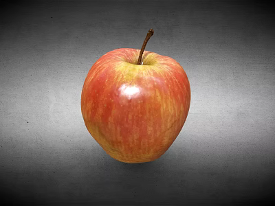 Fresh Red and Yellow Shiny Apple with Brown Stem on Gray Background 3d model