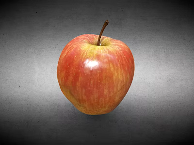 Fresh Red and Yellow Shiny Apple with Brown Stem on Gray Background 3d model