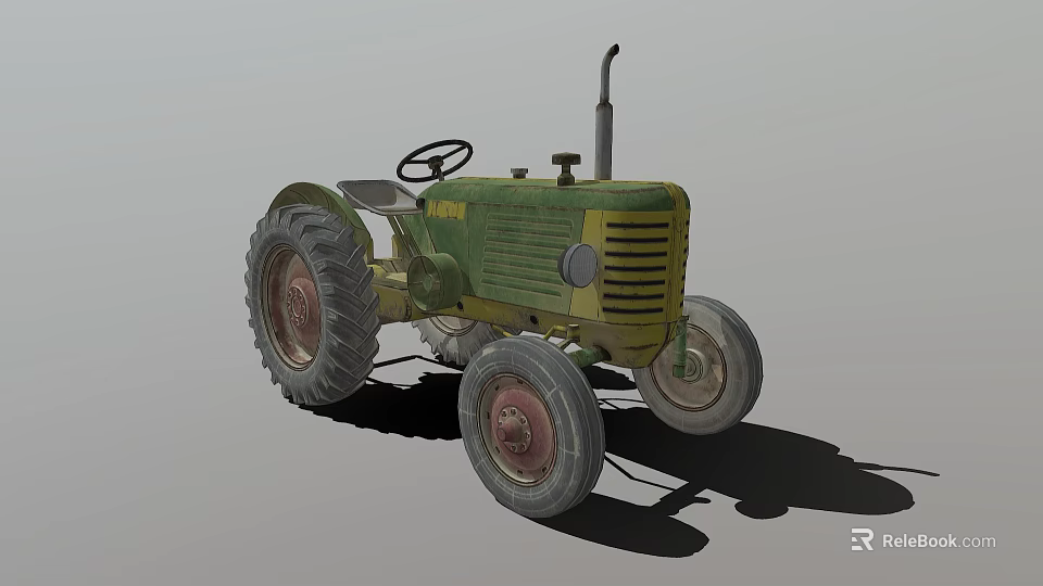Vintage Green And Yellow Tractor With Large Wheels Steering Wheel And Exhaust Pipe 3d model 