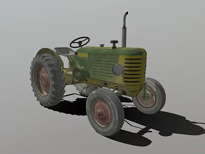 Vintage Green And Yellow Tractor With Large Wheels Steering Wheel And Exhaust Pipe 3d model