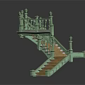 Curved Staircase Design With Green Railings Wooden Steps And Decorative Posts