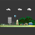 Vibrant Cartoon Island Scene With Green Hills Trees Buildings Roads Beach And White Clouds
