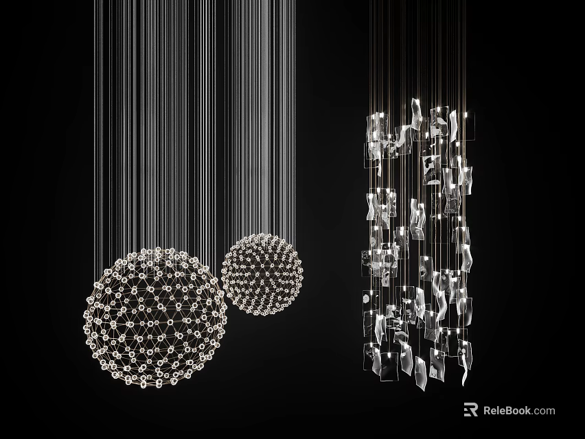 Crystal Chandeliers Two Spherical Small Crystal Designs And Long Crystal Pendant Light Against Black Background 3d model 