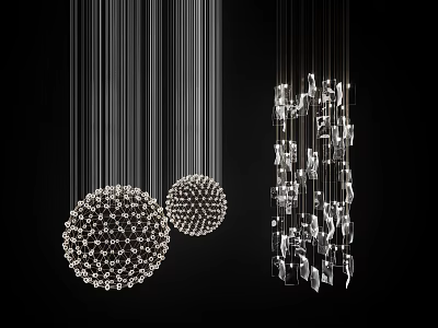 Crystal Chandeliers Two Spherical Small Crystal Designs And Long Crystal Pendant Light Against Black Background 3d model