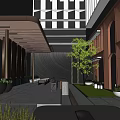 Modern Commercial Landscape With Courtyard Water Feature Green Plants And Lighting