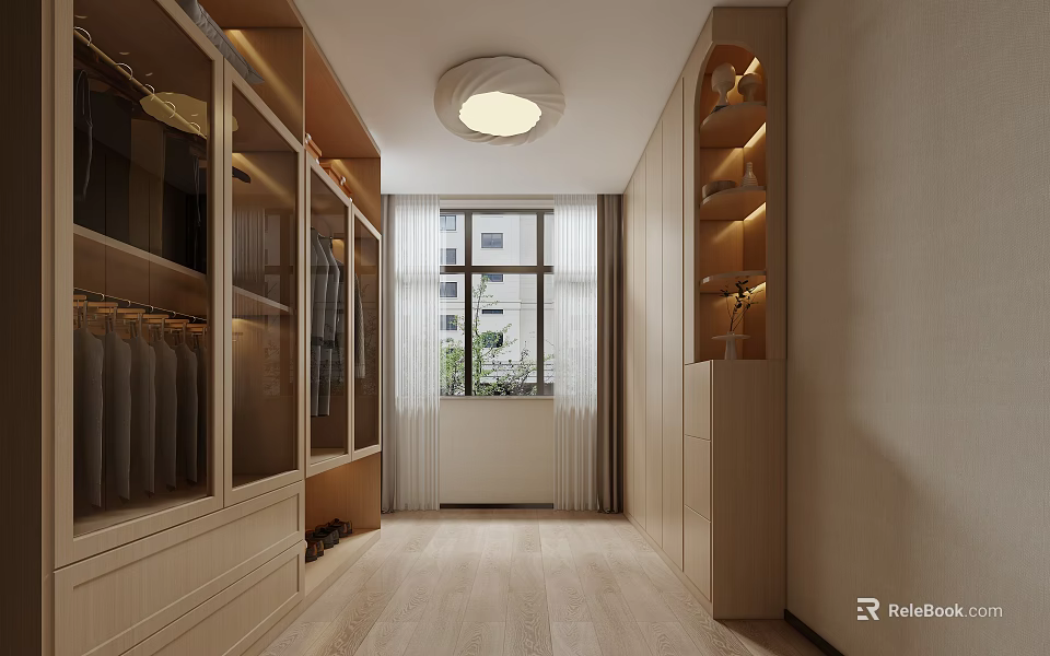 Light Toned Walk-in Closet With Glass Cabinets Built-in Lighting Large Window And Wooden Flooring 3d model 